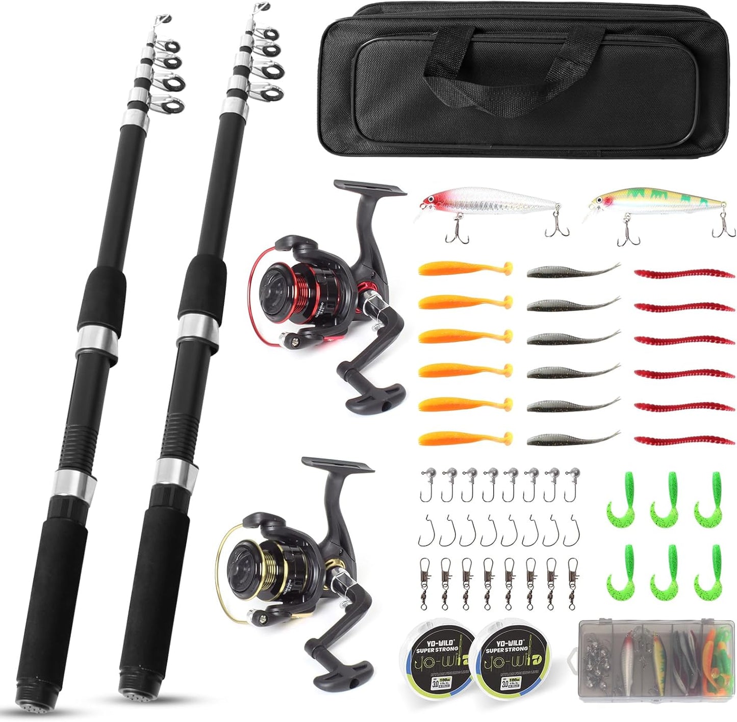 Fishing Rod and Reel Combo Set - 2PCS 6.89ft Collapsible Carbon Fiber Rods with Spinning Reels Fishing Lures Carrier Bag for Travel Saltwater Freshwater Complete Fishing Pole Kit for Anglers