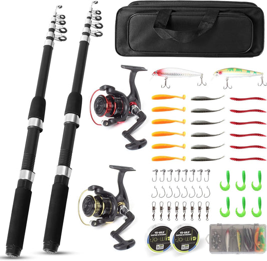 Fishing Rod and Reel Combo Set - 2PCS 6.89ft Collapsible Carbon Fiber Rods with Spinning Reels Fishing Lures Carrier Bag for Travel Saltwater Freshwater Complete Fishing Pole Kit for Anglers