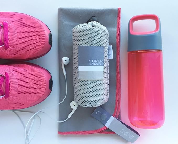 Super Towel for Sports, Travel & Beach — Lightweight, Compact, Absorbent, Quick-Dry, Soft Microfiber Suede — For Hiking, Gym, Beach, Yoga, Swimming, and Adventures (Gray+Pink, M (40x20"))
