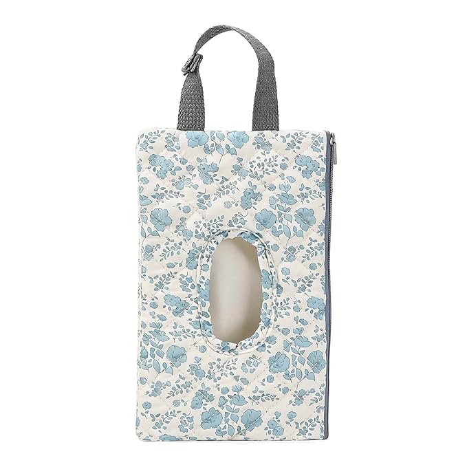 Quilted Baby Wipe Holder Quilted Wipe Pouch Portable Hanging Floral Wet Wipes Bag for Car, Stroller (Blue 4)
