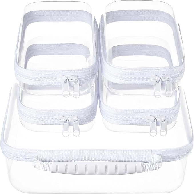 5 pcs Zipper Pouches with Handle, Clear Hard Shell Toiletry Bags, Stackable Travel Organizer, Cosmetic Bags, Transparent Diaper Bag Storage Cases (Handle L+4S)