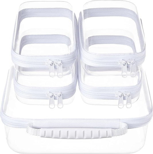 5 pcs Zipper Pouches with Handle, Clear Hard Shell Toiletry Bags, Stackable Travel Organizer, Cosmetic Bags, Transparent Diaper Bag Storage Cases (Handle L+4S)
