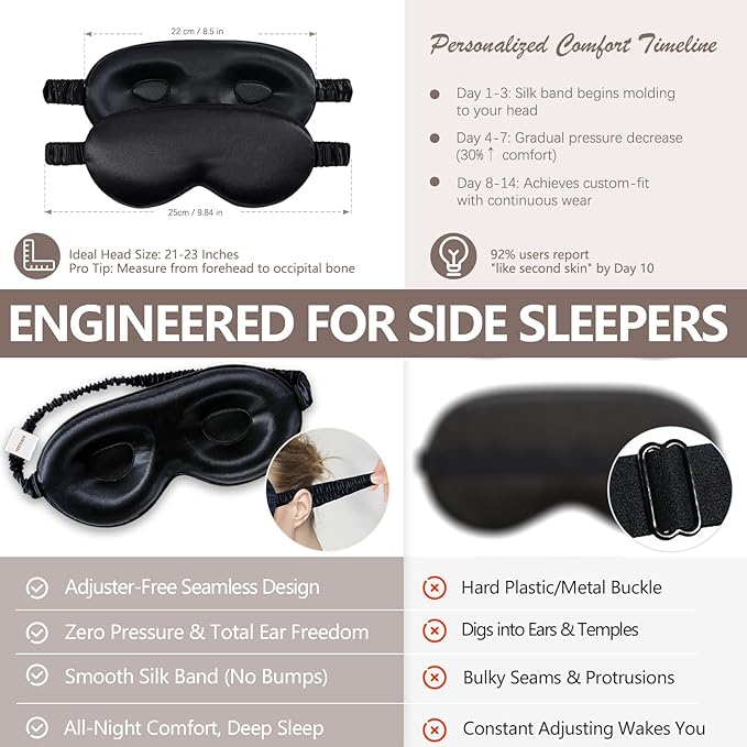 100% Mulberry Silk Sleep Mask as Your Ultimate Silk Eye Mask for Sleeping | Adjuster-Free 3D Contour for Petite Heads (21-23") | Zero Pressure Design | Yueerbao (Black)