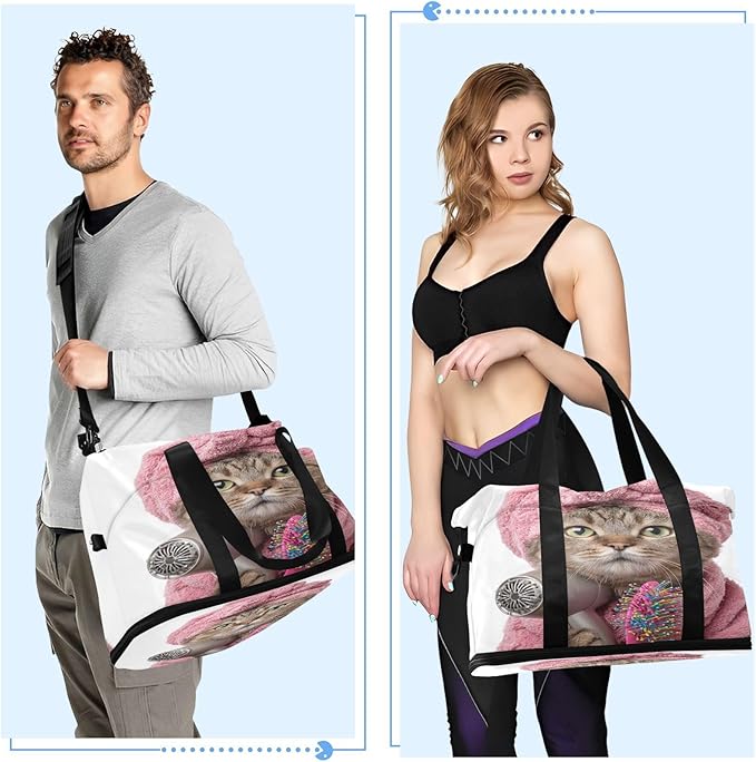 Travel Duffel Bags for Women Cute Cat with Pink Towel & Hair Dryer Sports Duffel Bags Gym Bags with Shoes Compartment Tote Bag Weekender Bag for Travelling