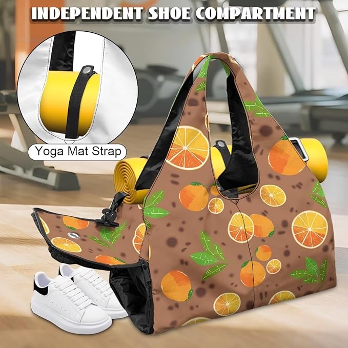 Orange Print Travel Duffel Bags for Women with Yoga Mat Strap, Lightweight Brown Gym Bag with Shoe Compartment Wet Pocket Fitness Stylish Sport Tote Bag