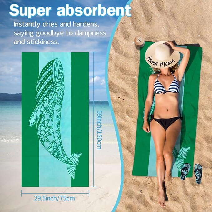 Whale Pattern Beach Towel - 30x60 Inch Fast Dry Microfiber Towel, Lightweight & Versatile for Beach, Pool, Yoga, Travel, Ideal as Beach Blanket & Vacation Essential