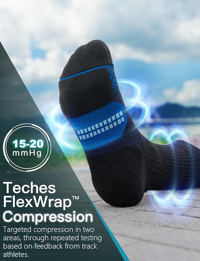 Compression Running Socks, Bamboo Viscose Coolmax Moisture-Wicking Anti-Blister Athletic Hiking Workout Gym Padded