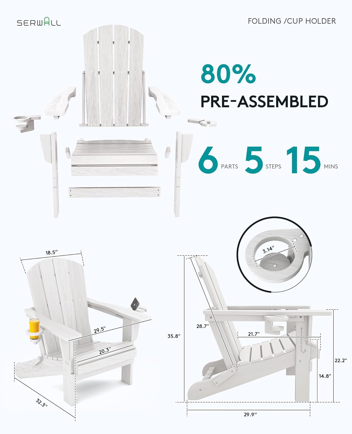 SERWALL Adirondack Chair with Cup Holders - Composite Adirondack Chairs Set of 6 HDPE Outdoor Chairs All Weather Use- White