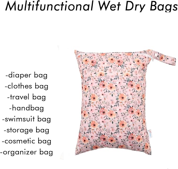 Wet Dry Bag Reusable Waterproof Swimming Bag Travel Beach Pool Yoga Gym Bag for Baby Cloth Diaper Swimsuits Wet Clothes Two Zipper Pockets 3 Pack Rainbow Orange Flower 3L04