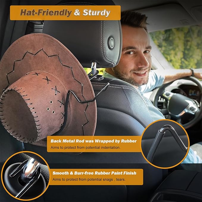Cowboy Hat Holder Rack for Truck Car SUV (Maintain Hat Shape & Anti-Flip) Hard Hats Hanger Rack Automotive Travel Seat Back Storage Organizer Gifts Accessories for Men Women - Suitable for Most Hats