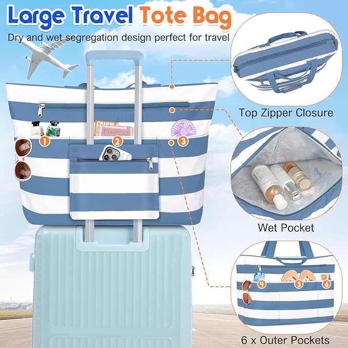 BKNOOU Extra Large Beach Bags Waterproof Sandproof XL Beach Tote Bag for Women Zipper Foldable Swim Pool Bag with Wet Pocket