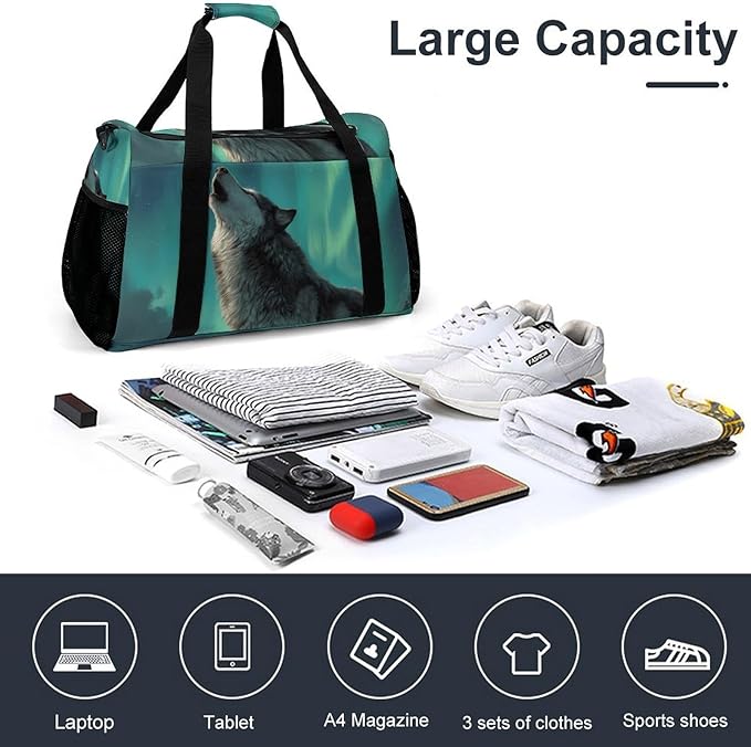 Wolf Howling Moon Northern Lights Duffle Bag Gym Bag for Workout Travel Tote with Detachable Straps