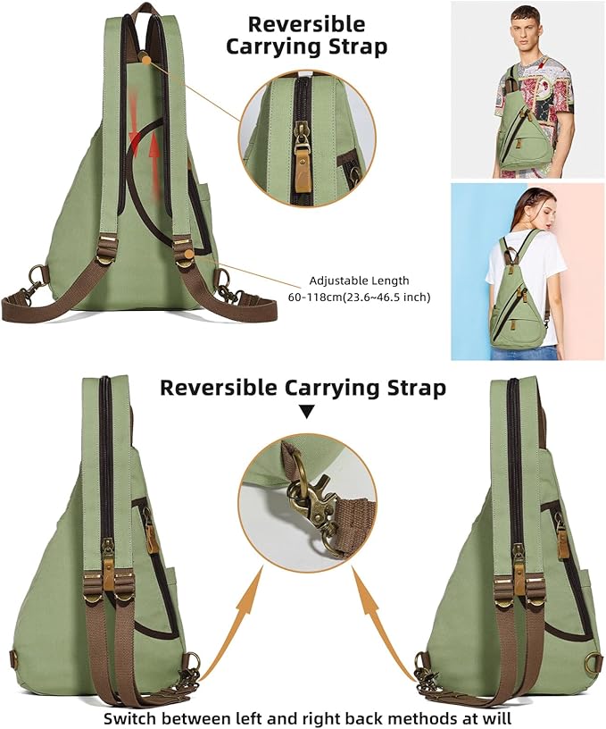 KL928 Canvas Sling Bag - Small Crossbody Backpack Shoulder Casual Daypack Rucksack for Men Women(MatchaGreen)