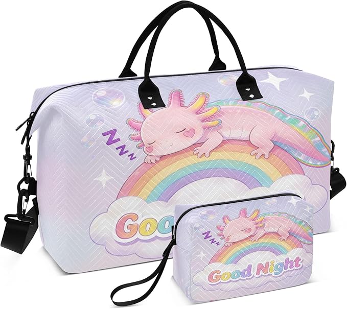 Travel Duffle Bag, Good Night Axolotl Rainbow Gym Bag with Storage Bag Weekender Overnight Bag for Men Women Trip Sports Yoga