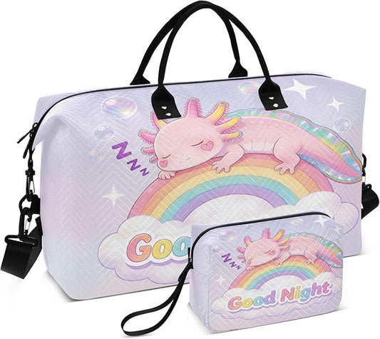 Travel Duffle Bag, Good Night Axolotl Rainbow Gym Bag with Storage Bag Weekender Overnight Bag for Men Women Trip Sports Yoga