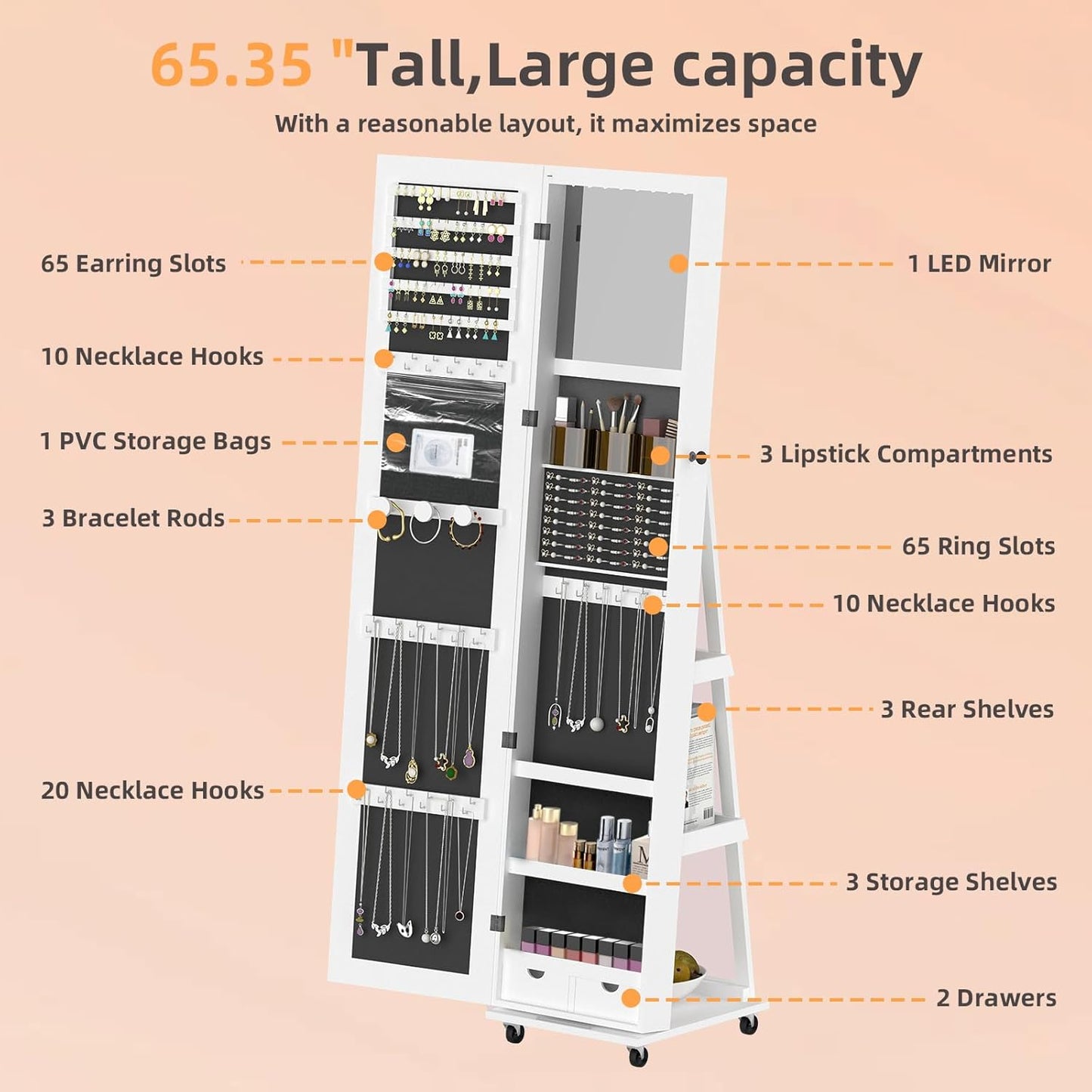 RQZ 360° Rotating Jewelry Organizer with Lights, 8 LEDs Jewelry Cabinet Armoire Standing, Lockable Jewelry Storage with Full-Length Mirror, 4 Storage Shelves, Interior Mirror(65.35" H)