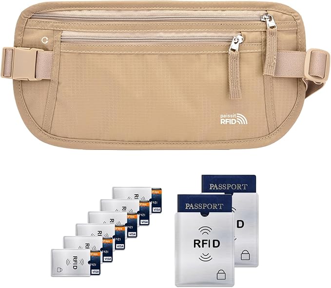 Unisex Money Belt with RFID Blocking Sleeves, Slim Passport Holder RFID Blocking Travel Essentials, Waist Pouch to Protect Cash, Beige & 6 Sleeves