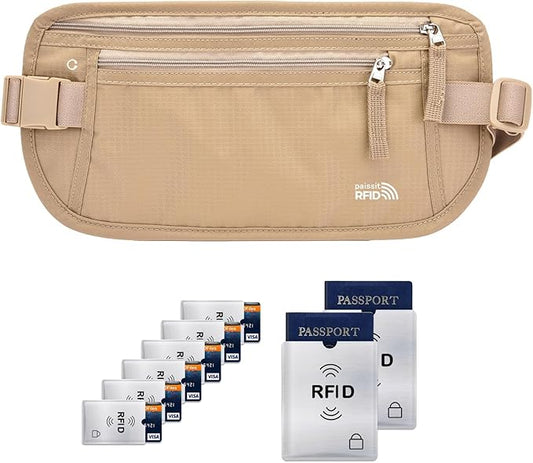 Unisex Money Belt with RFID Blocking Sleeves, Slim Passport Holder RFID Blocking Travel Essentials, Waist Pouch to Protect Cash, Beige & 6 Sleeves