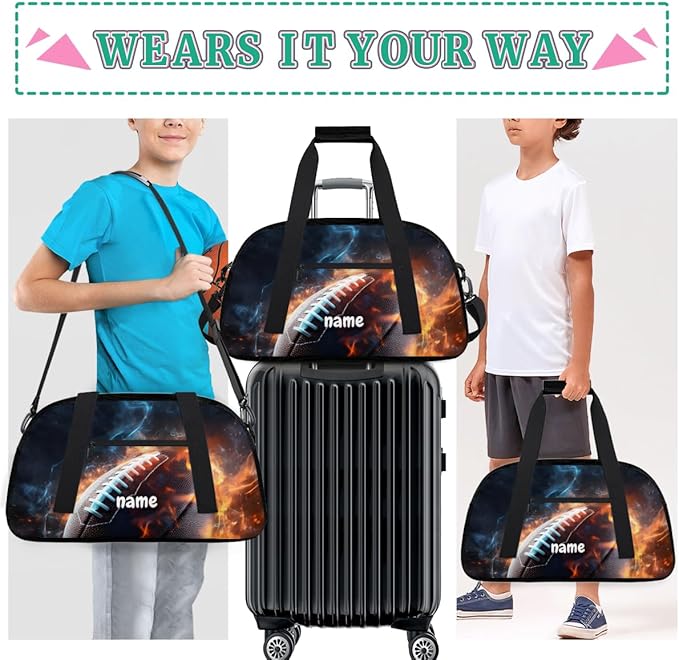 Personalized Boys Gym Bags, Custom Name Sport Bags for Training Travel Overnight Weekender Flame American Football