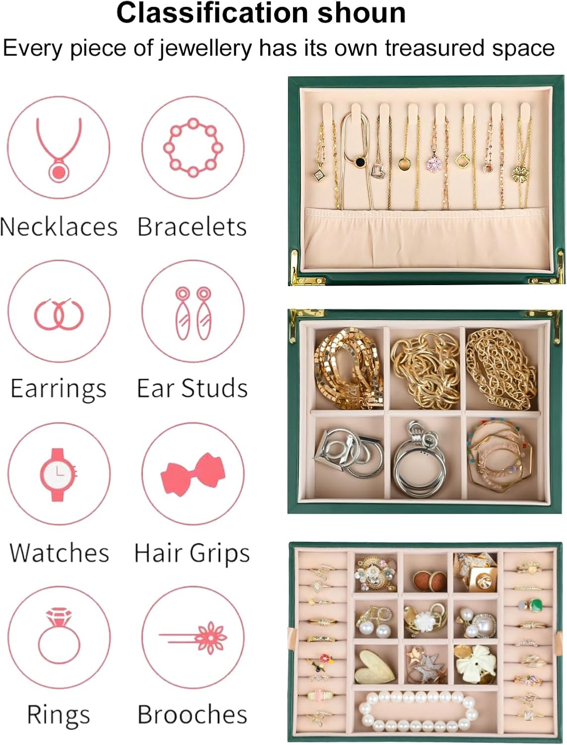 Small Jewelry Organizer for Women, 2-Layer Travel Jewelry Box with Portable Case, Necklace Ring Storage for Dresser, Girls Teens Gifts (Green)