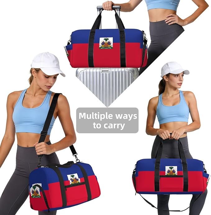 Haitian flag Print Gym Bag with Shoe Compartment for Women Men, 17.7in Sports Duffle Weekender Tote, Overnight Travel Duffel Bag Carry On