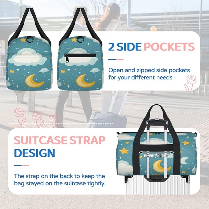 Cartoon Cloud Moon Travel Duffle Bag for Women Men, Overnight Weekender Bag, Carry on Tote for Sport Gym