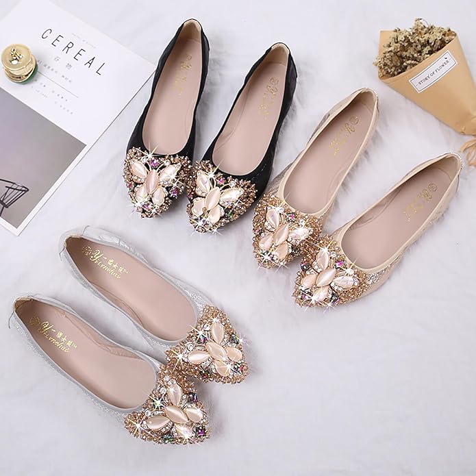 Women Ballet Flats Sparkly Rhinestone Wedding Ballerina Shoes Pointed Toe Foldable Comfort Slip on Flat Dress Shoes