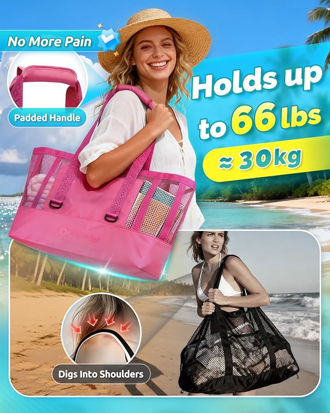 Large Mesh Beach Tote Bag - 50L Pool Bags with 2 Inner Zipper Waterproof Pockets for Swim Toys Towels Travel
