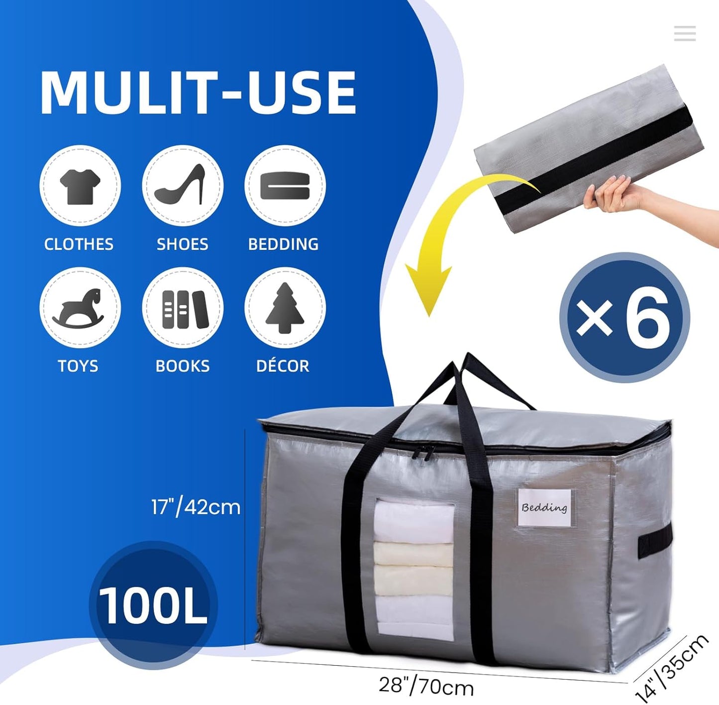 TAILI Extra Large Moving Bags, 6 Pack Silver Heavy Duty Totes For Storage with Visible Window, Wrap Around Handles, Storage Bags for Space Saving, Alternative to Moving Boxes