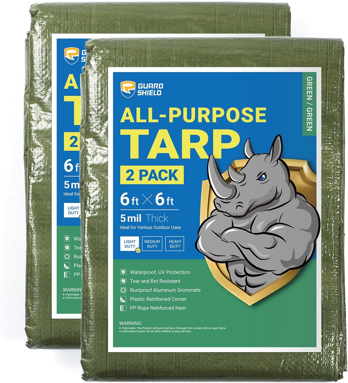 GUARD SHIELD Tarp Green 6x6 Feet Multi Purpose Waterproof Poly Tarp Cover 5mil (2-Pack)