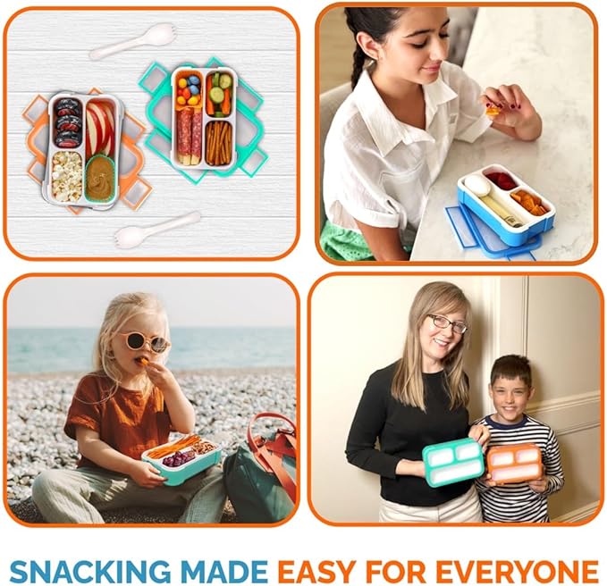 Snack Containers for Kids | MINI Lunch Box | SMALL Reuseable Bento Box Portion Container | Leak Proof Boxes for School | Daycare Work Travel | for Adults Boys Girls | Teal Blue + Orange Set of 2