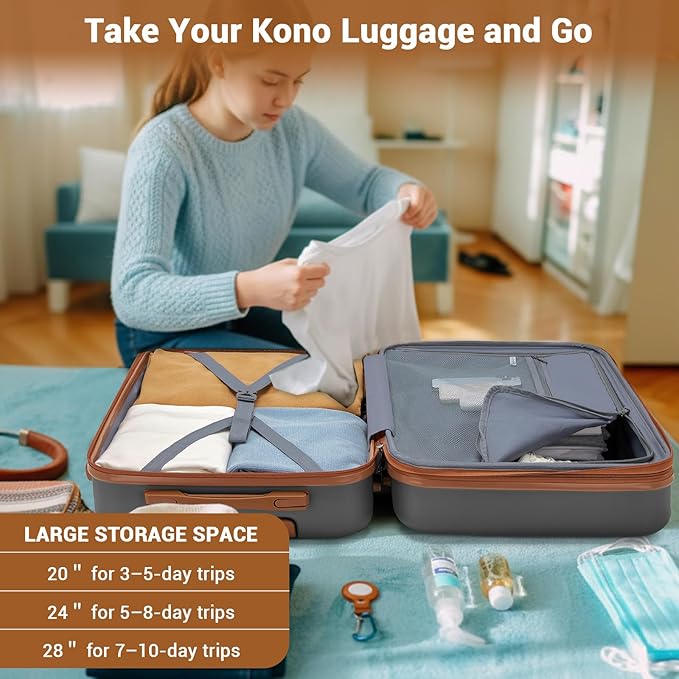 Kono Expandable Carry On Luggage 22x14x9 Airline Approved with Spinner Wheels, 20 Inch Durable PC+ABS Hardshell Travel Suitcase Rolling Luggage with Lock, Grey/Brown