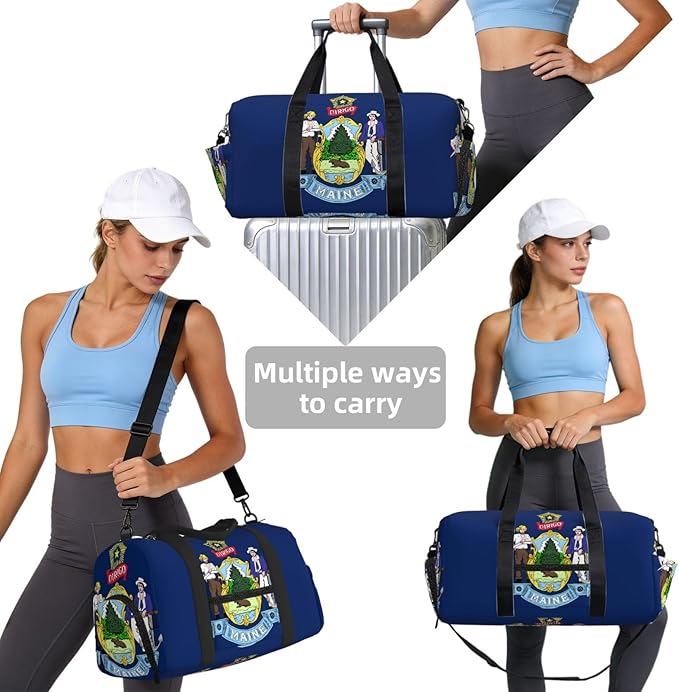 Maine State Flag Print Gym Bag with Shoe Compartment for Women Men, 17.7in Sports Duffle Weekender Tote, Overnight Travel Duffel Bag Carry On