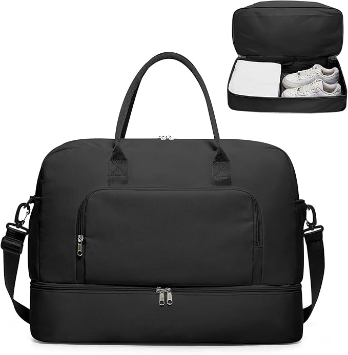 Travel Duffle Bag,Weekender Bags for Women with Shoe Compartment Personal Item Travel Bag Carry on Overnight Bags For Airplanes Gym Duffel Bag with Wet Pocket Hospital Bag for Labor and Delivery Black