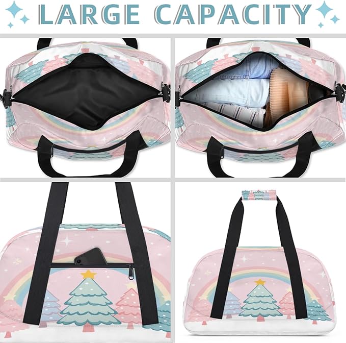 Kids Duffle Bag Girls Boys Cute Rainbow Christmas Tree On Pink Weekender Overnight Bag,Lightweight Duffel Bags for Traveling Gym Sport Dance