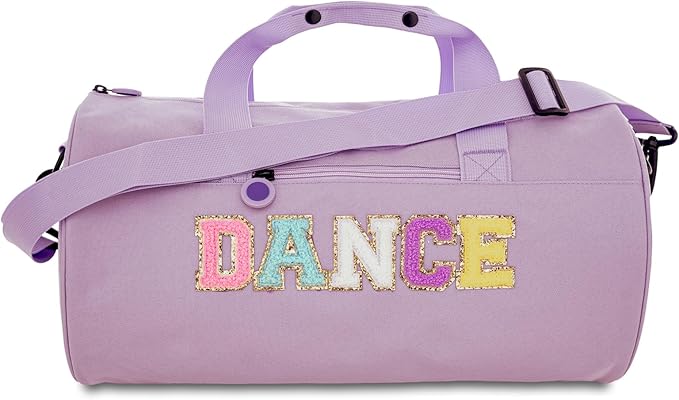 Large Size Dance Bag for Girls Kids Toddler Teens,Purple Ballet Gym Bag with Plush Chenille "DANCE" Letters,Sport Duffle Gym bag for Ballet Class, Sports & Practice 16.5"Lx9"Wx9"H