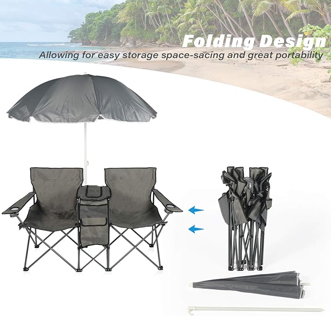 YILI Double Folding Camping Chairs, Portable Camping Chairs w/Removable Umbrella Mini Table Cooler Bag, Outdoor Picnic Double Folding loveseat Camp Chairs for Beach Patio Pool Park (Grey)