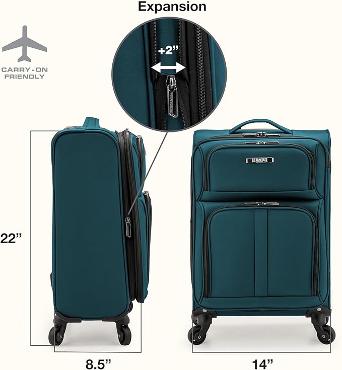 U.S. Traveler Anzio Softside Expandable Luggage with Spinner Wheels, Teal, 22-Inch Carry-on