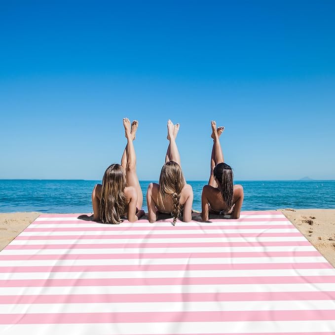 BEW Beach Blanket Sandproof Waterproof, Pink Striped Picnic Blanket Extra Large 9 Ft X 10 Ft for 8 Adults with Stakes and Sand Pocket, Compact Lightweight Sand Free Beach Mat Essential