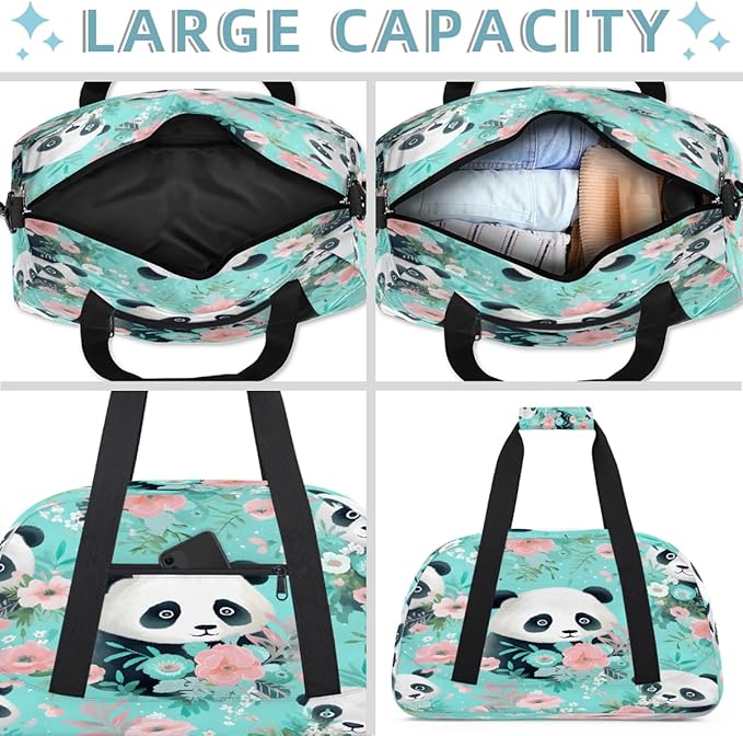 Sports Duffel Bags, Panda Flower Pattern Water-Resistant Gym Duffle Bag for Men Women, Lightweight Weekender Overnight Bag for Fitness, Workout, Travel