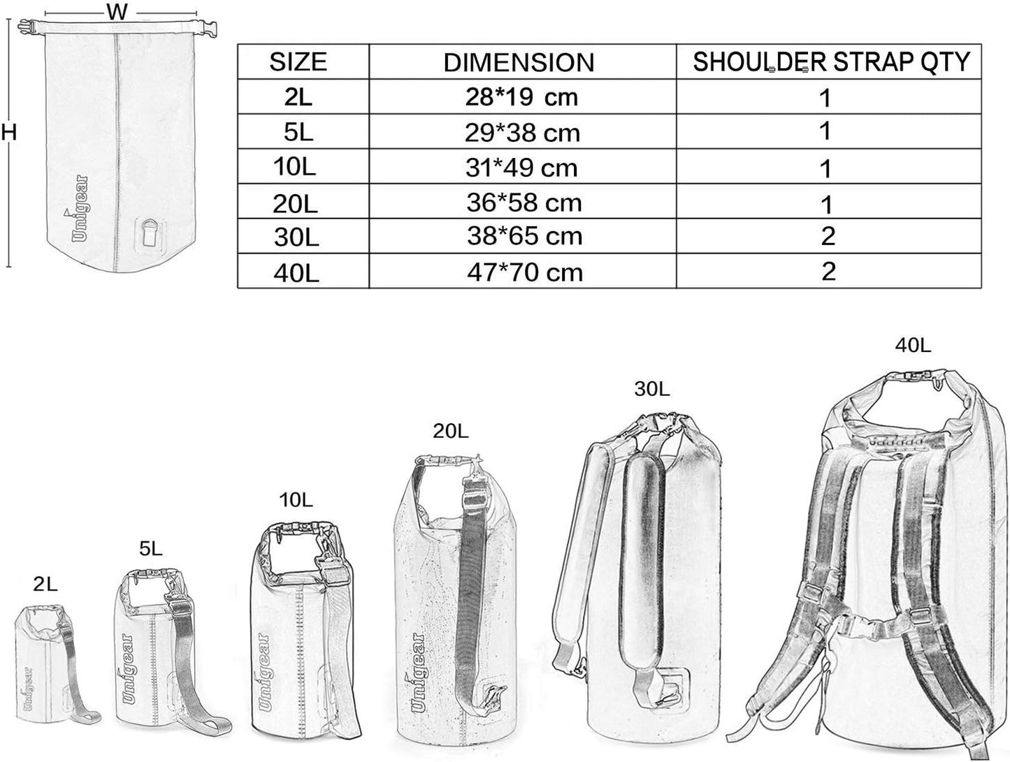 Unigear Dry Bag Waterproof, 2L/5L/10L/20L/30L/40L Floating and Lightweight Bags for Kayaking, Boating, Fishing, Swimming and Camping with Waterproof Phone Case
