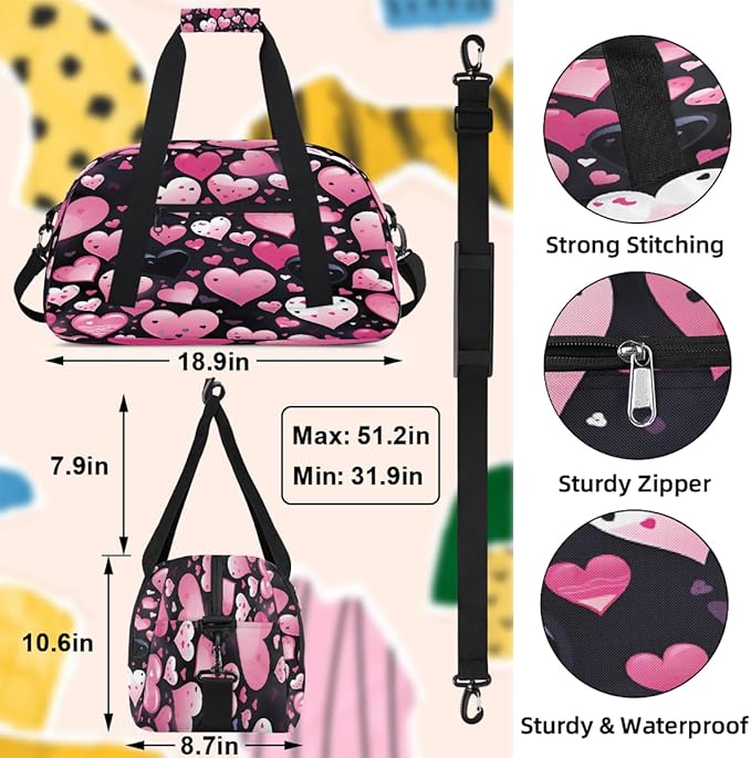 Pink Black Heart Pattern Sports Duffel Bags, Water-Resistant Gym Duffle Bag for Men Women, Lightweight Weekender Overnight Bag for Fitness, Workout, Travel