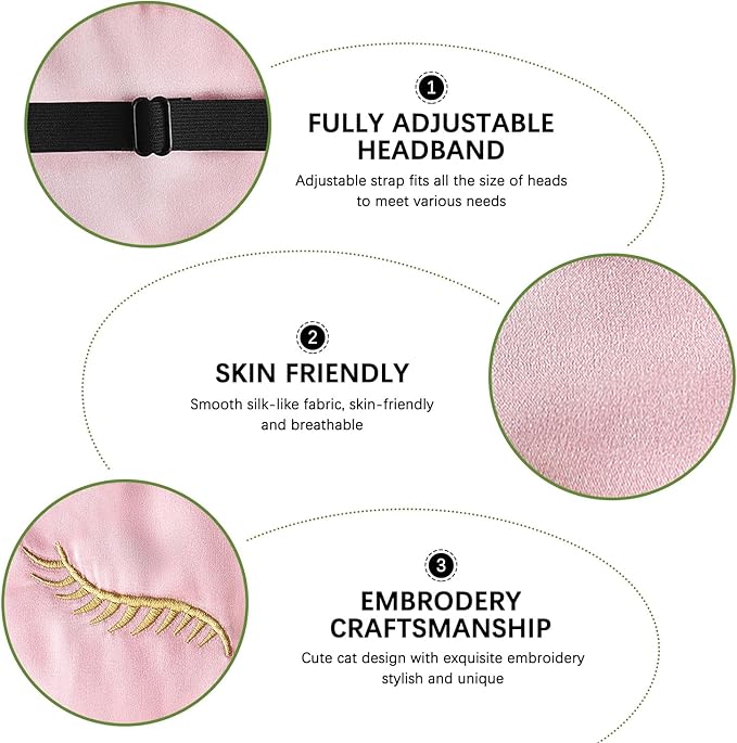Cute Cat Silk Sleep Mask Adjustable Eye Mask Sleeping Mask Eye Cover Soft Satin Blindfold Eye Shade for Girls Women Men Travel Nap - Pink