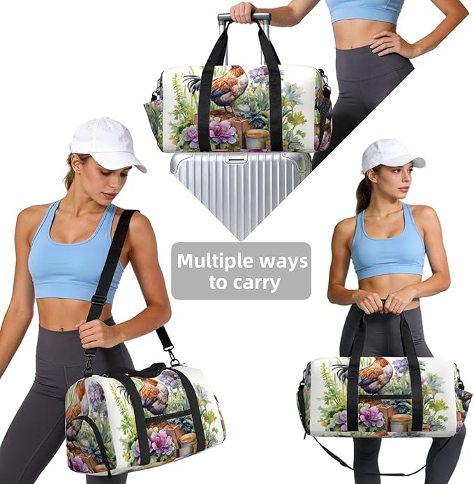 Sports Gym Bag Watercolor Hen Chicks Floral Travel Duffel Bag With Shoe Compartment Shoulder Strap, Lightweight Water-Resistant Weekend Overnight Totes For Women Men