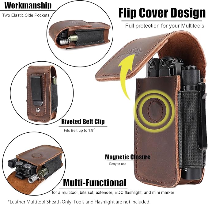 Topstache Leather Multitool Sheath - Belt Clip Multitool Holster for Leatherman - Leather Tool Pouch - Multi Tool Case Sheath for Belt - Magnetic Closure Pocket EDC Organizer, M,DarkBrown