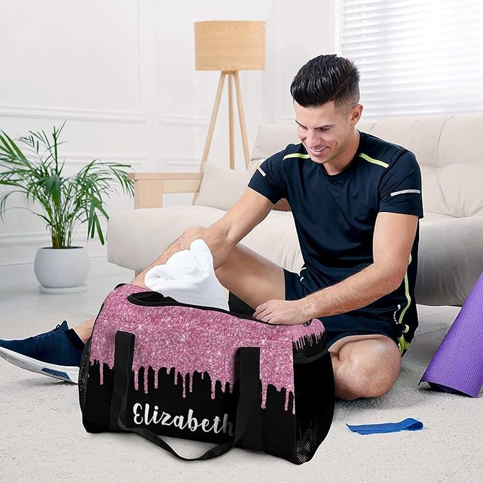 Pink Black Sparkle Glitter Print Waterproof Duffel Bag Gym Dance Sport Perform Training Bag for Teens Adults Women Men Handheld Crossbody Travel Bag