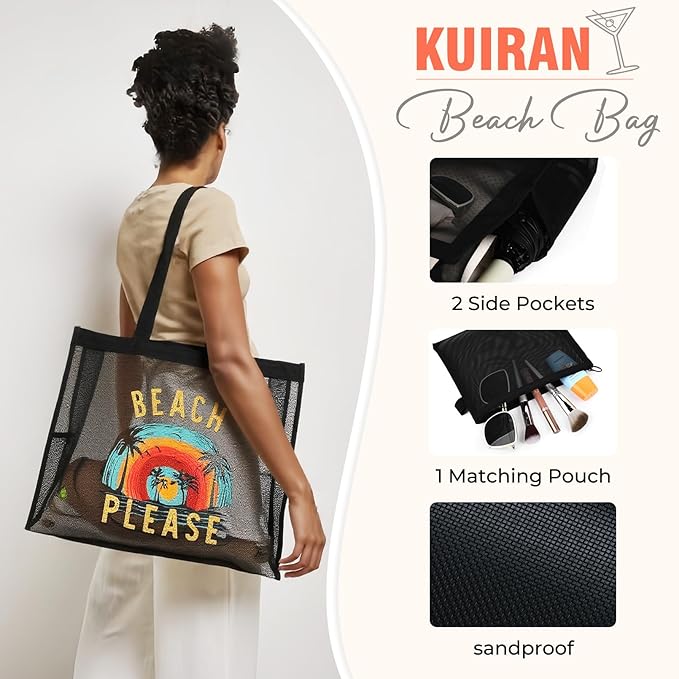 30L Large Beach Bag with Pouch Foldable Sandproof Lightweight Mesh Tote Bag with Two Pockets for Swimming Travel