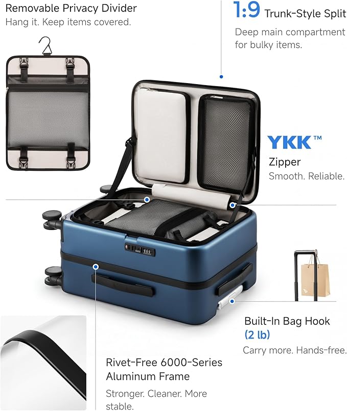 LUGGEX Carry On Luggage Top Opening, FLA Aluminum Frame Trunk Style Luggage, Polycarbonate Hard Shell Suitcase (FX-Enhance, Blue, 20 Inch, 38L)