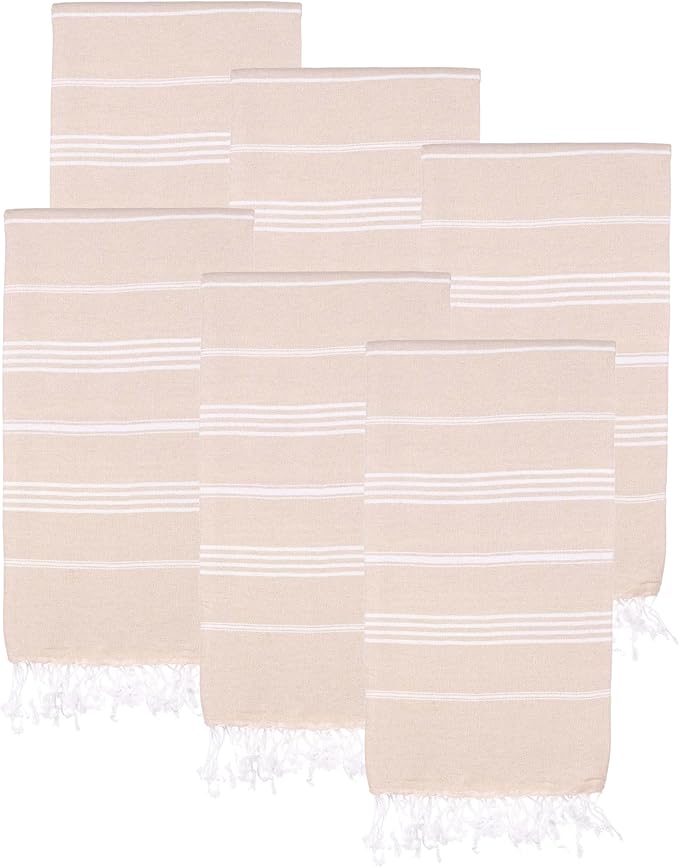 Turkish Beach Towels, Pack of 6 | Oversized, Quick Dry, Sand Free | 100% Cotton, Large 38x71 Towels for Beach, Pool, Travel | Ultra-Soft, Compact, and Absorbent | Beige