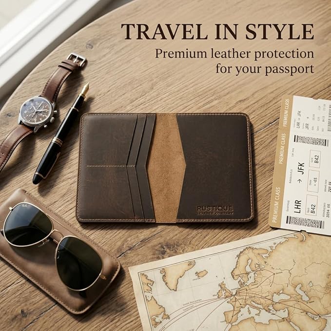 Rustique Leather Passport Holder Collection - Handmade Travel Wallet & Organizer - Full Grain Crazy Horse Leather Covers for Men & Women (Multiple Styles) (Standard Passport Cover - Smoky Bourbon)